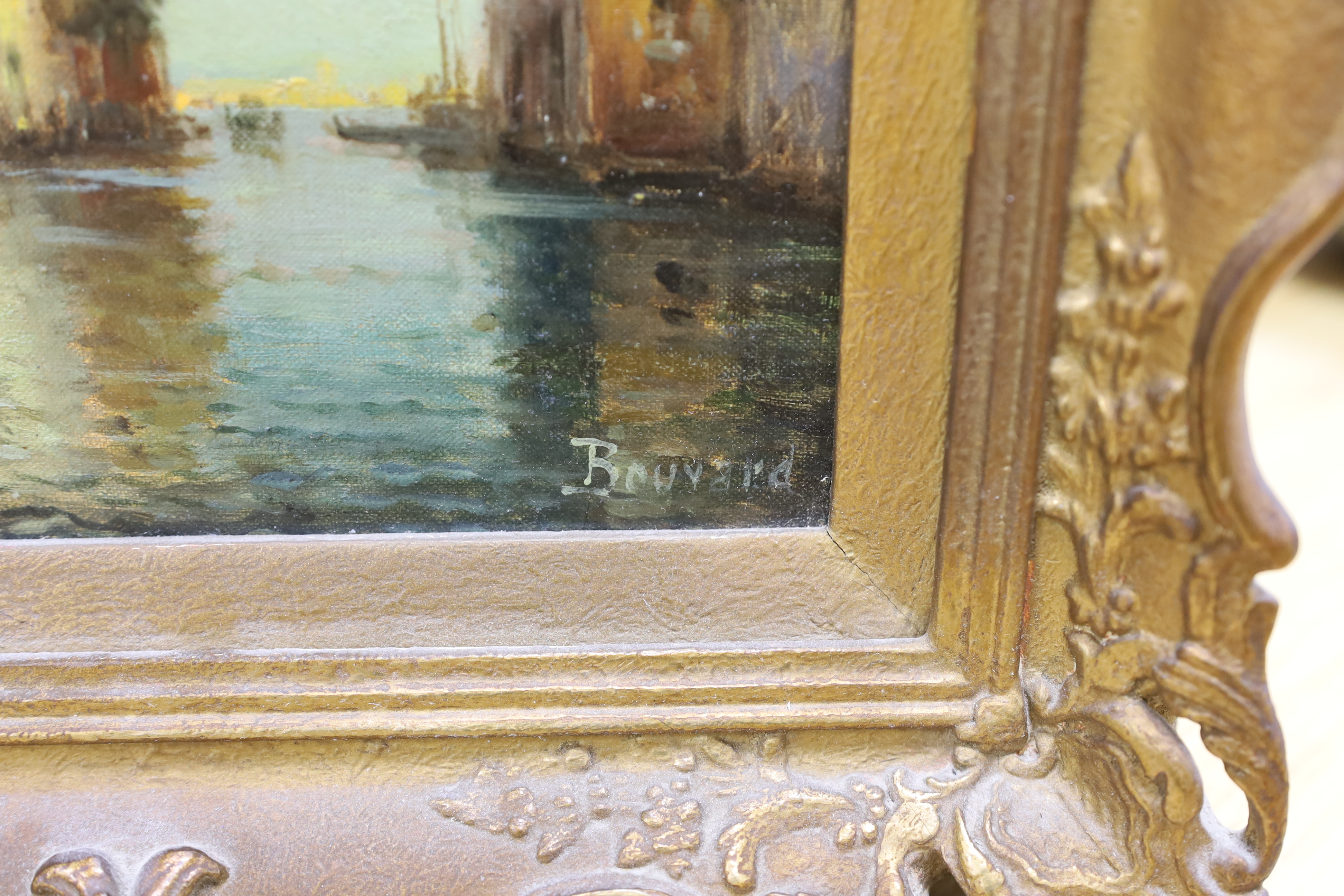 Bouvard, oil on canvas, Venetian canal, signed, details and stencil ‘GA993’ verso, 26 x 20cm, ornate gilt framed